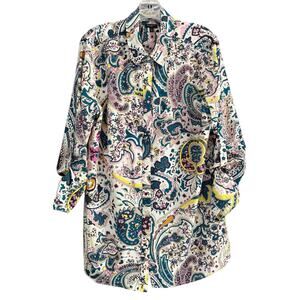 Talbots 1X Watercolor LS Tab Sleeve Paisley Button Up Blouse Shirt Top Plus